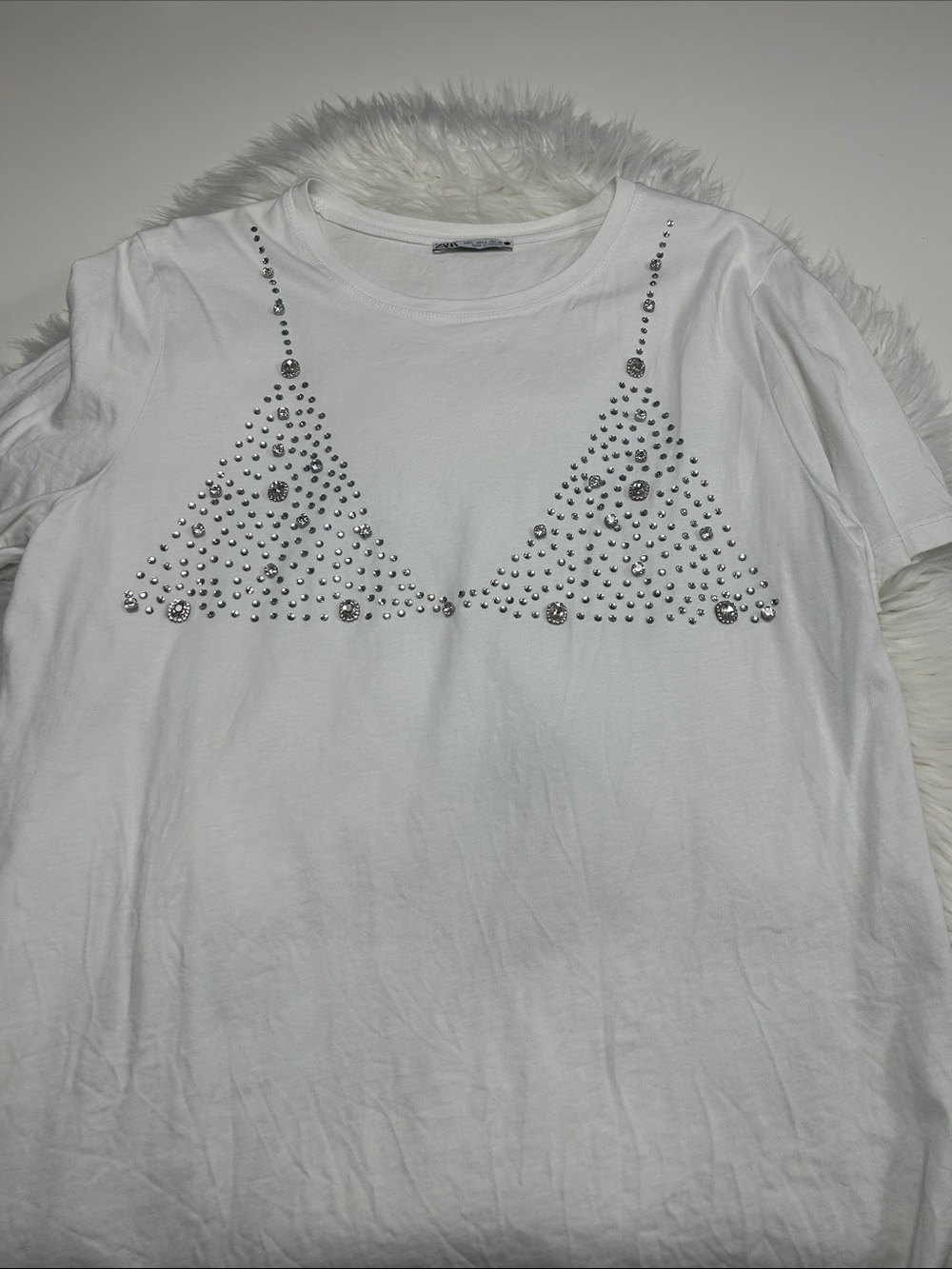 Zara White Tee with Silver Stud Triangle Detail Size Large